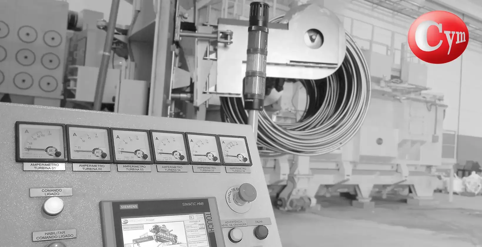 Painel Siemens SIMATIC HMI da granalhadora CYM COIL 4 – 6 amperímetros individuais por turbina · ZEN S.A., Brasil
