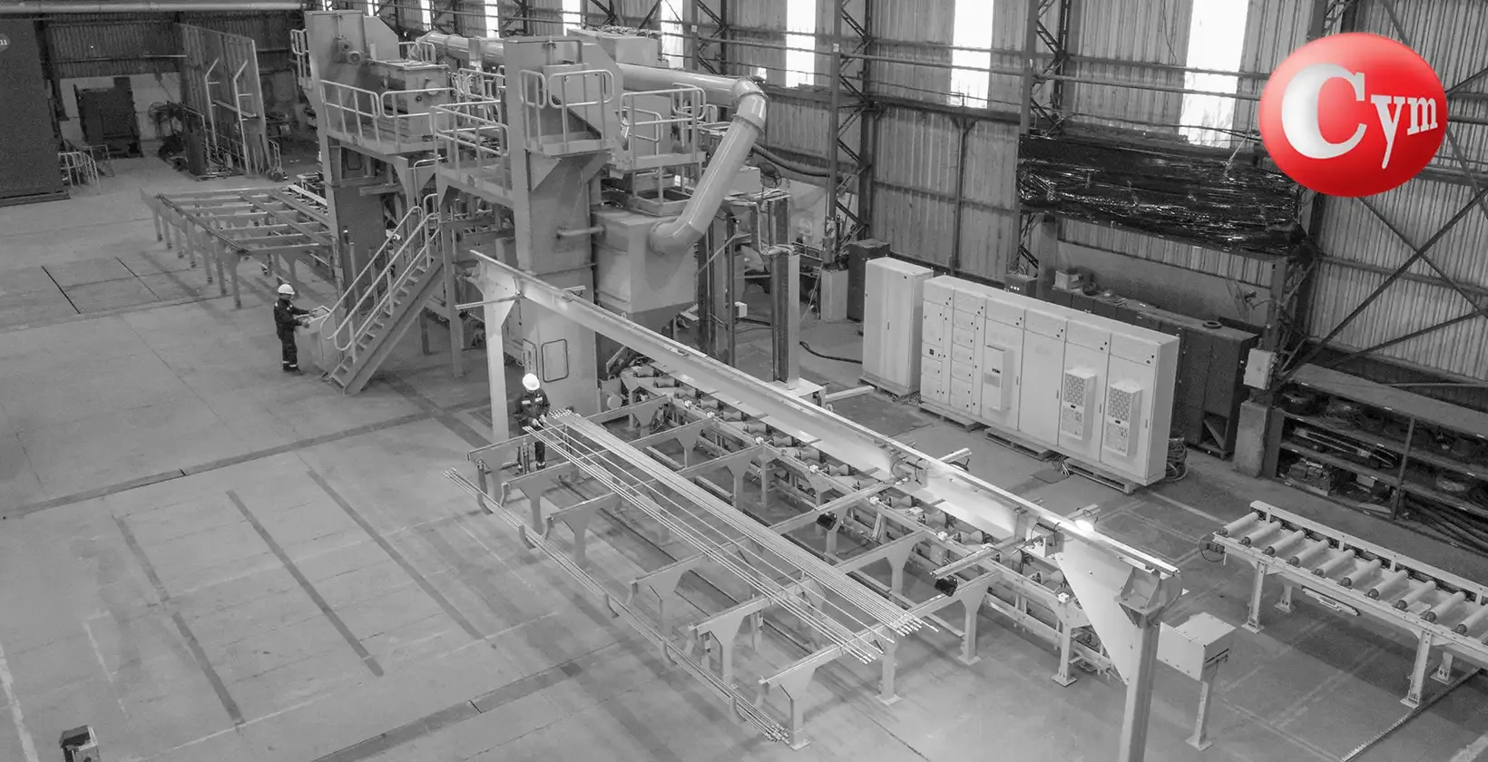 Vista aérea linha shot peening CYM BAR 2×50HP – bancada saída expulsores pneumáticos – Metalmecanica Argentina FAT